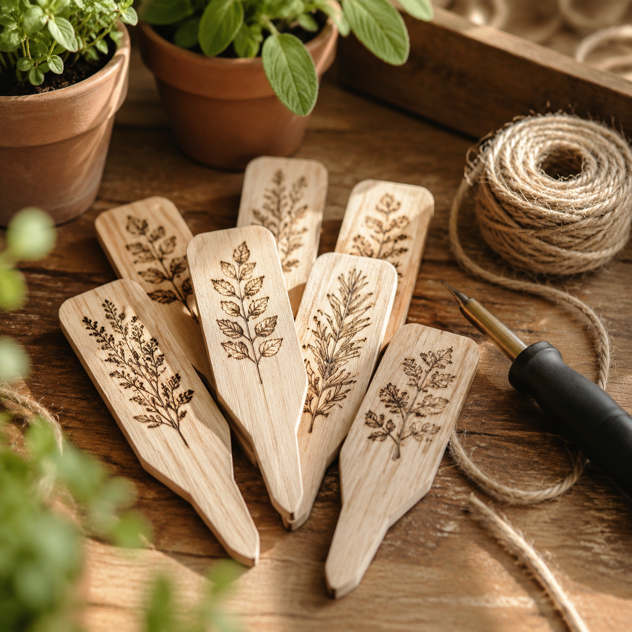 Plantenlabels Houtbranden voor Beginners: Rustige DIY Gids voor Kruiden en Kamerplanten