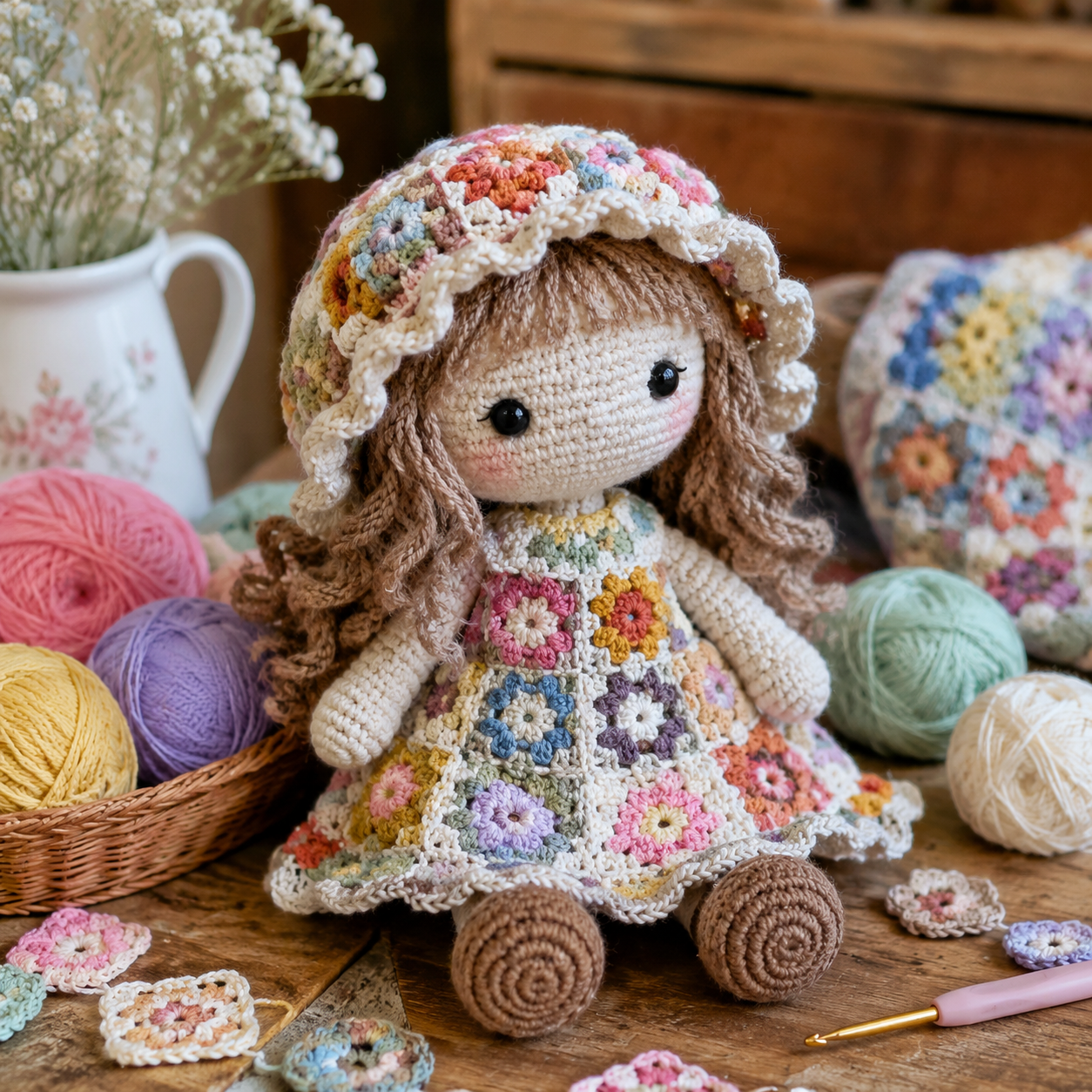 Een lief gehaakt popje met granny square jurk op een houten tafel met wolbolletjes