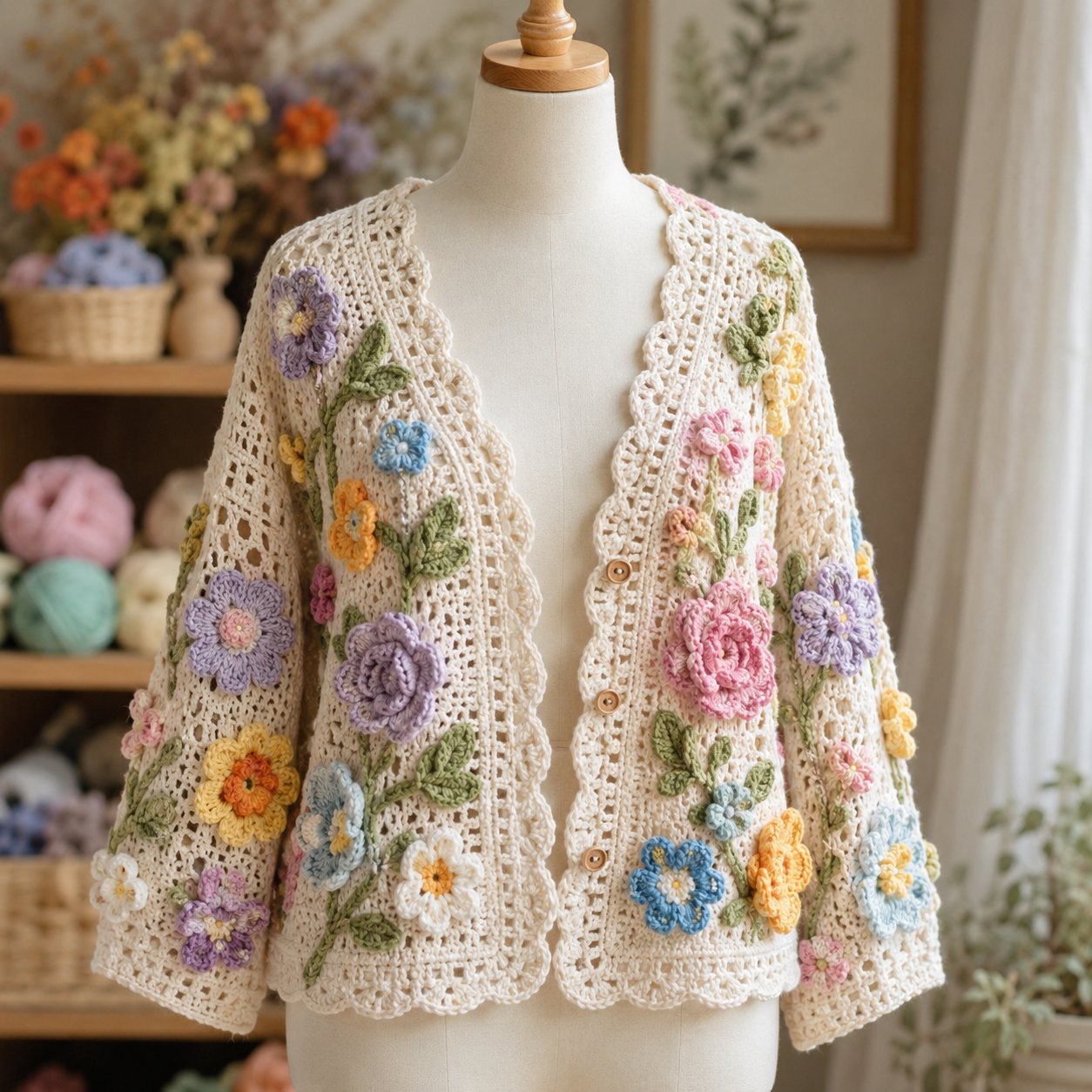 Flower Cardigan Haken — Gratis Patroon met Bloemmotieven