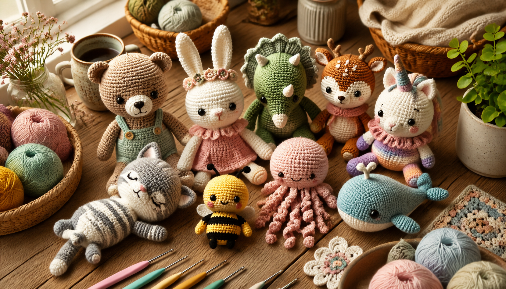 Gehaakte amigurumi figuren op een tafel — warm en uitnodigend