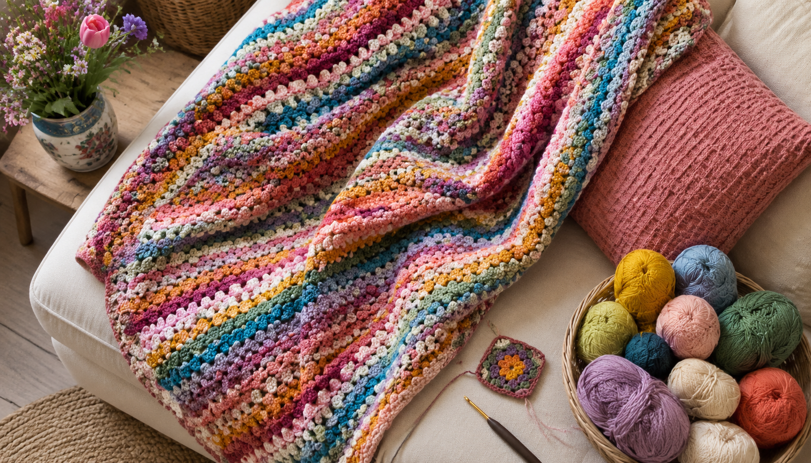 De Felix Blanket - een kleurrijk gehaakt dekentje met granny stripes