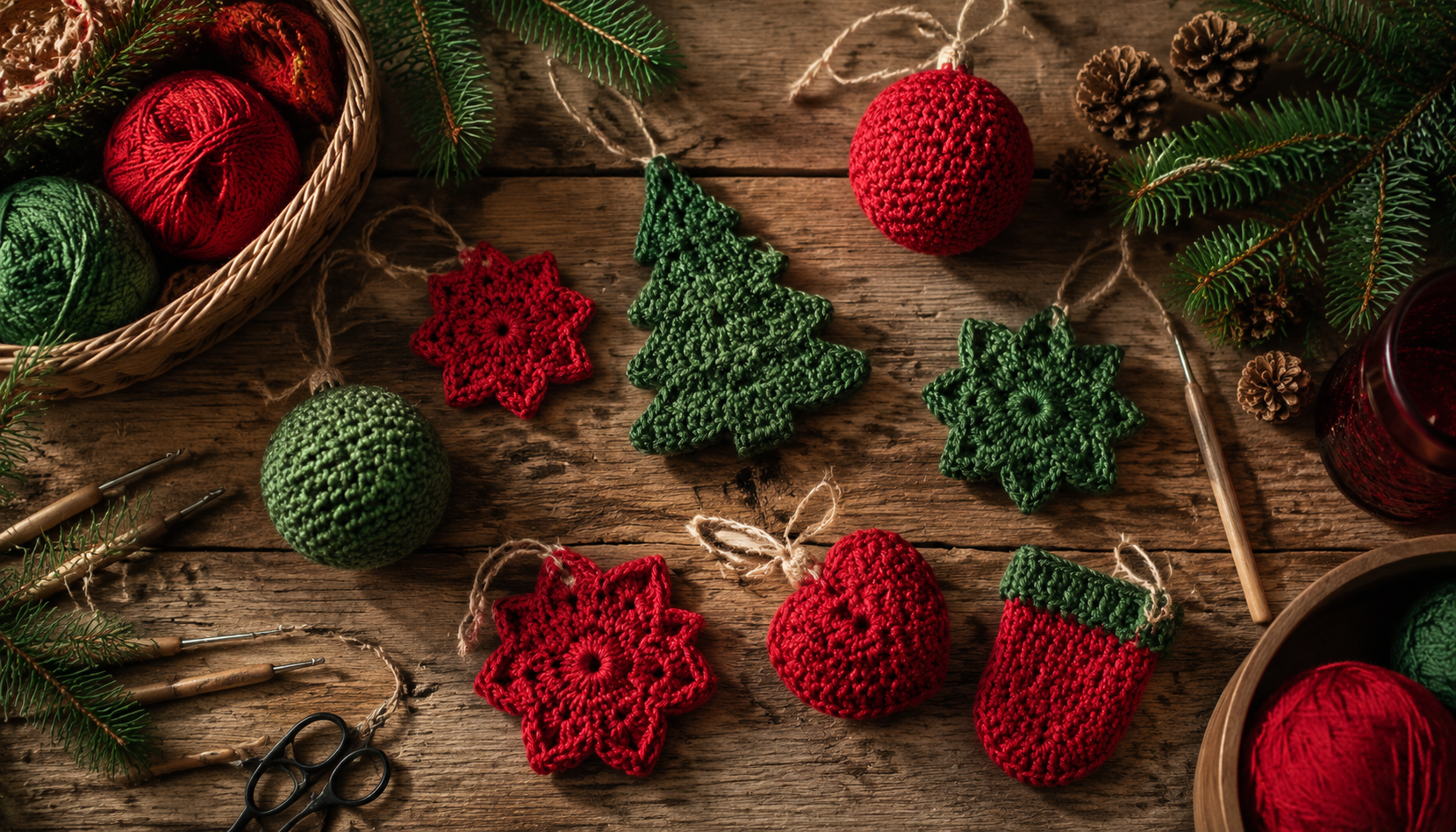 Gehaakte kerstversiering op een rustieke houten tafel