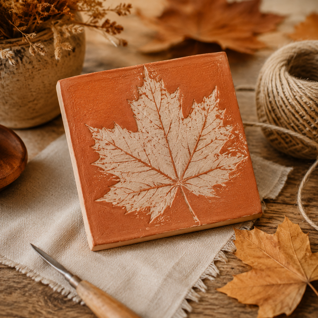 Sgraffito Tegel Maken: Herfstblad Krassen in Luchtdrogende Klei
