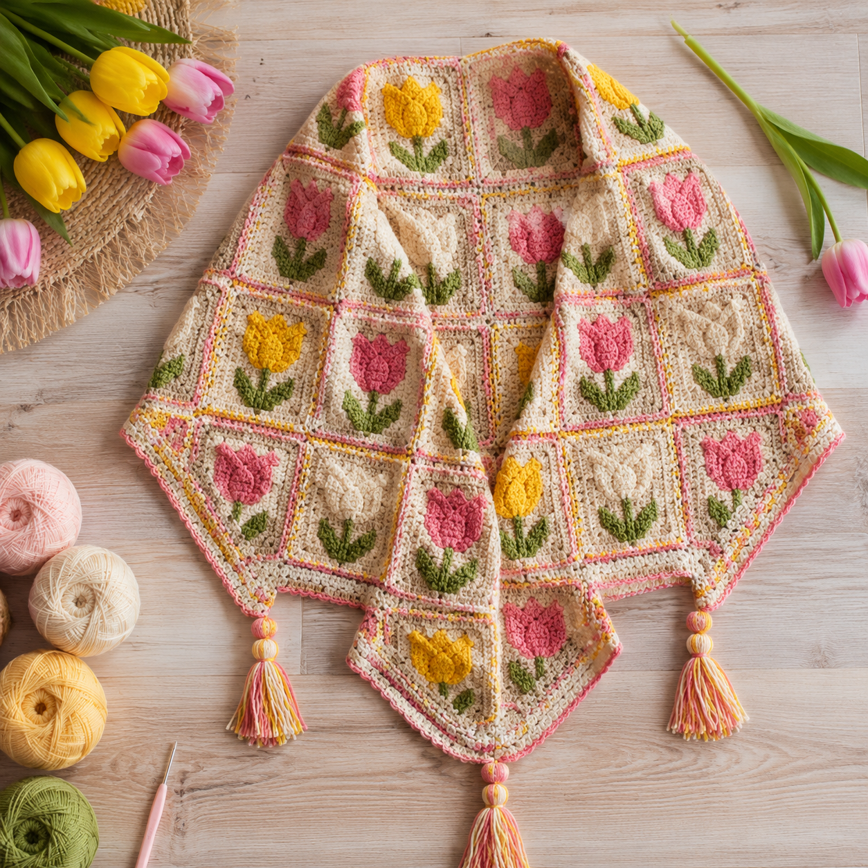 Granny Square Omslagdoek Haken: Patroon met Tulpmotief Stap voor Stap