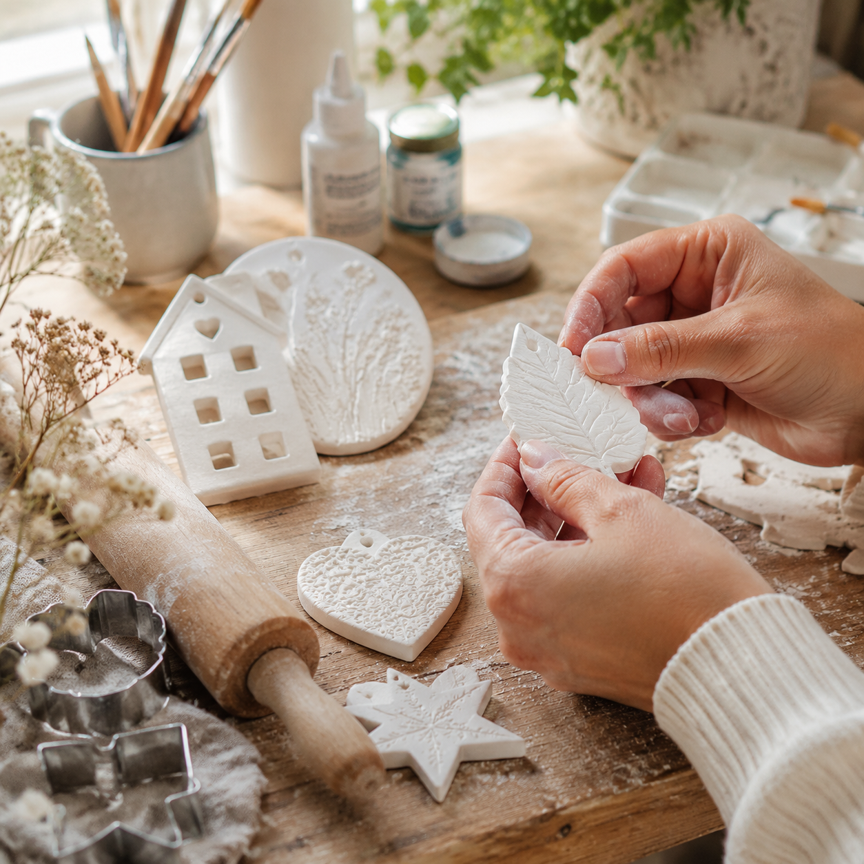 Handen die zelfgemaakte papierklei vormen tot creatieve figuurtjes op een knutseltafel