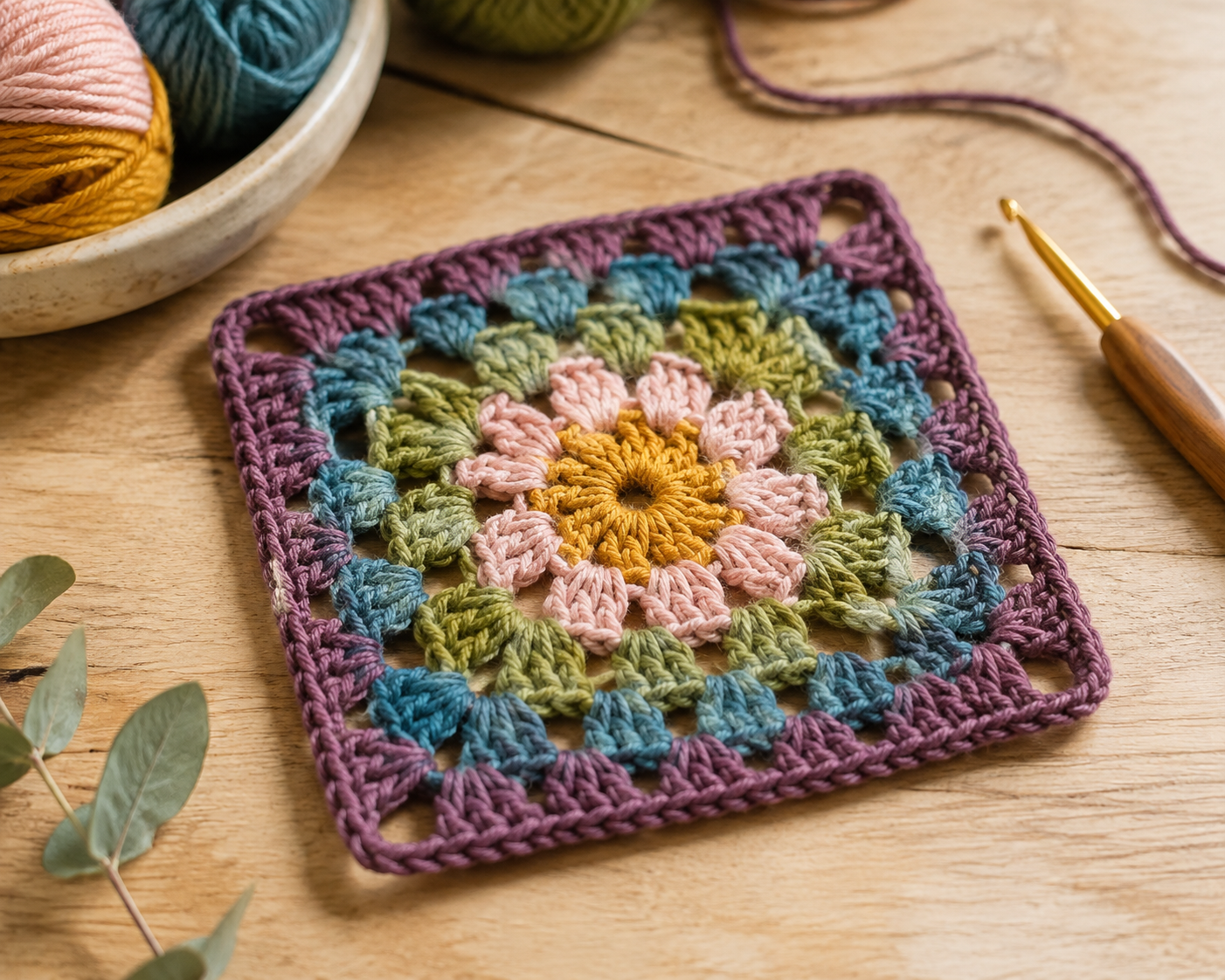 Granny square haken: rond patroon met zeven toeren
