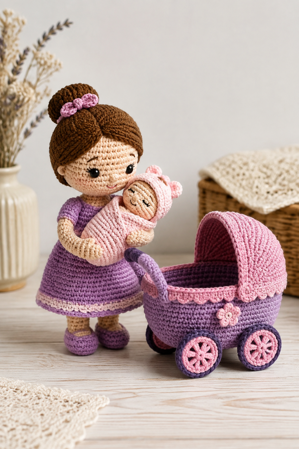 Mama met baby in kinderwagen haken: gratis patroon
