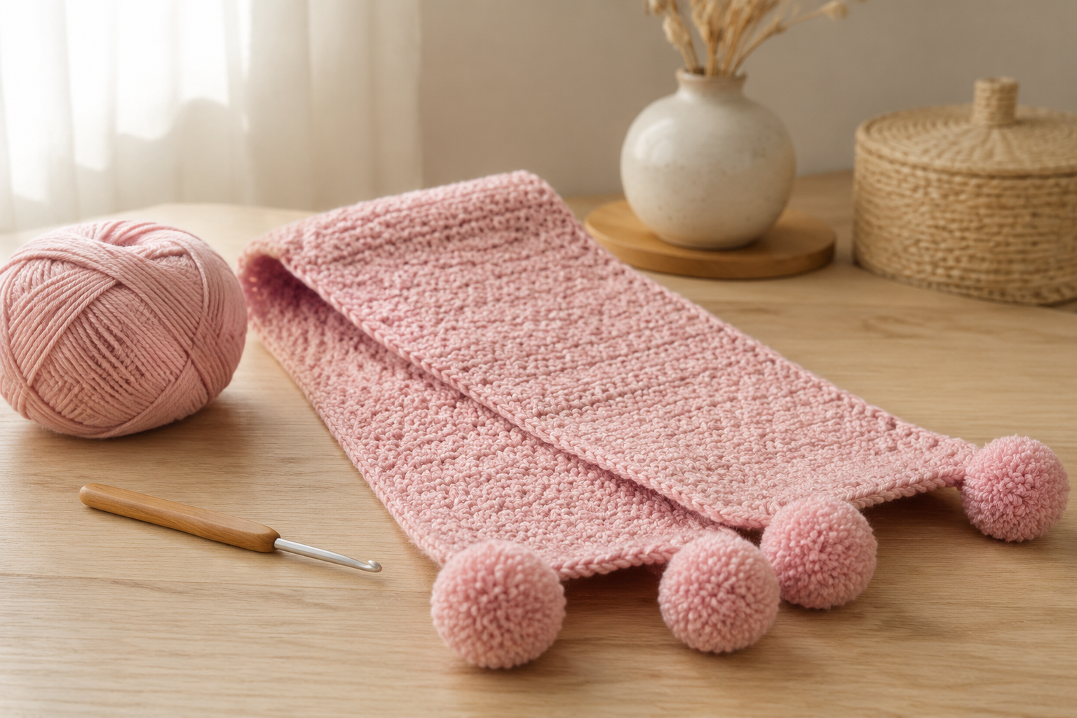 Elines sjaal haken: gratis patroon met pompoms