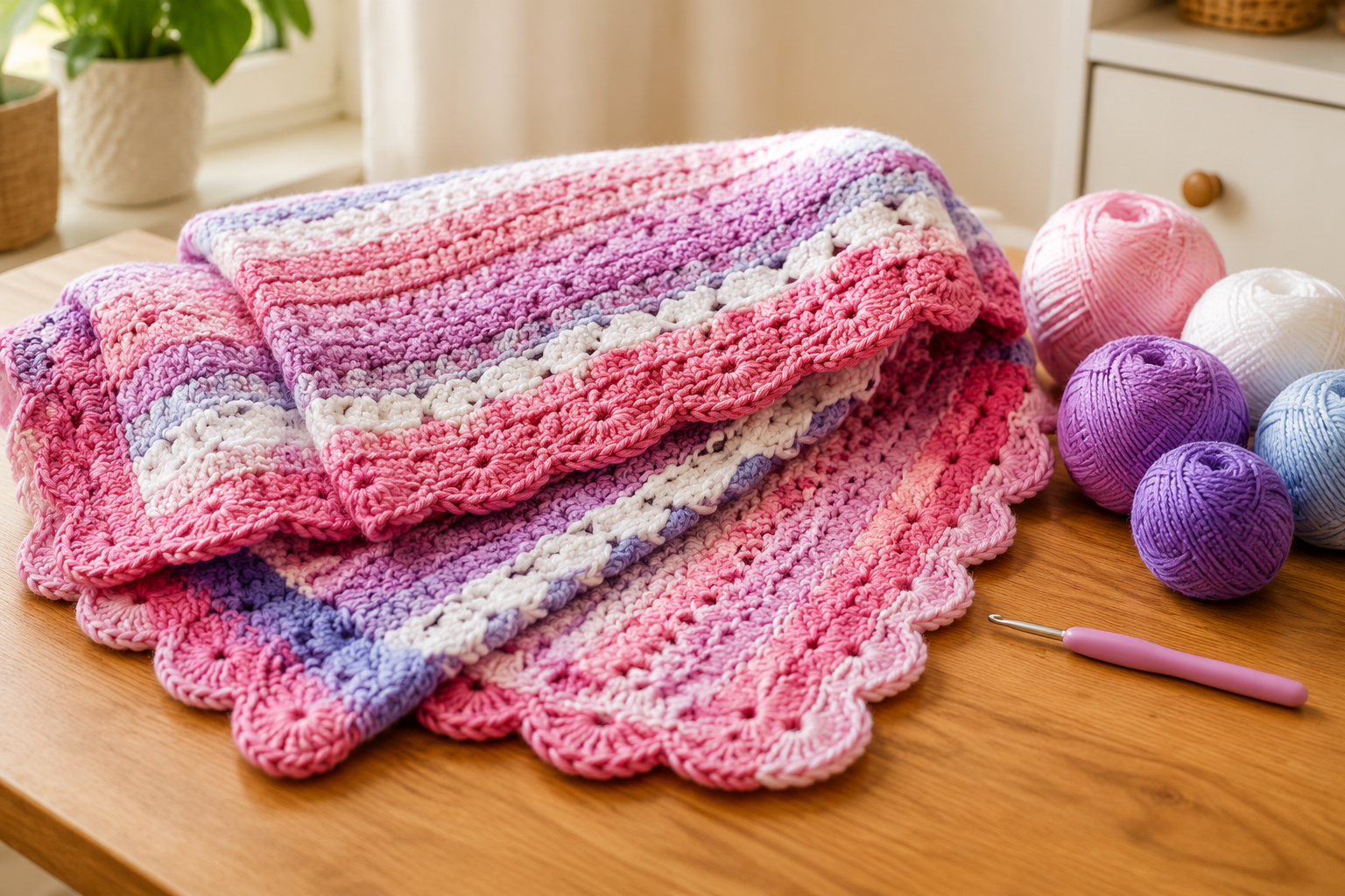 Roze babydekentje haken: kleurrijke beschrijving voor een dekentje van 75 x 100 cm
