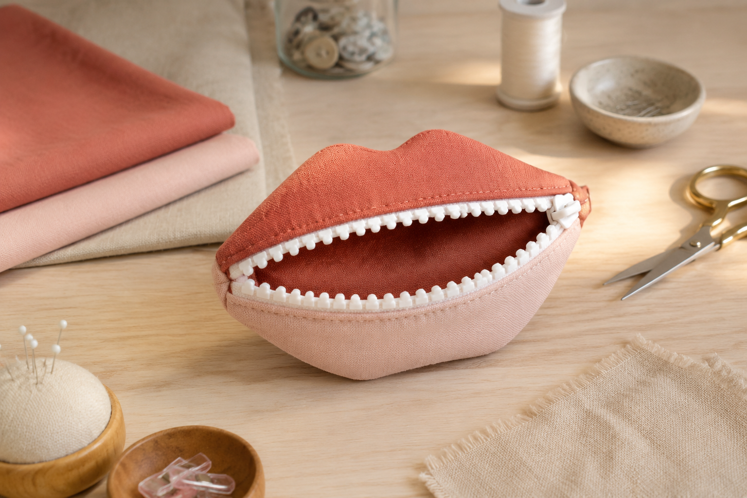 Ritstasje in de vorm van lippen naaien