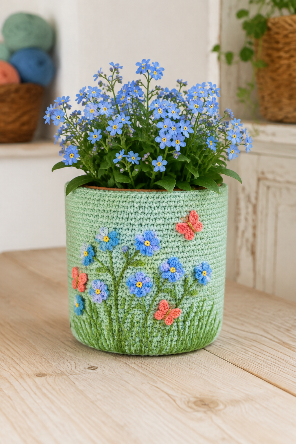 Bloempot met vergeet-mij-nietjes haken: gratis patroon