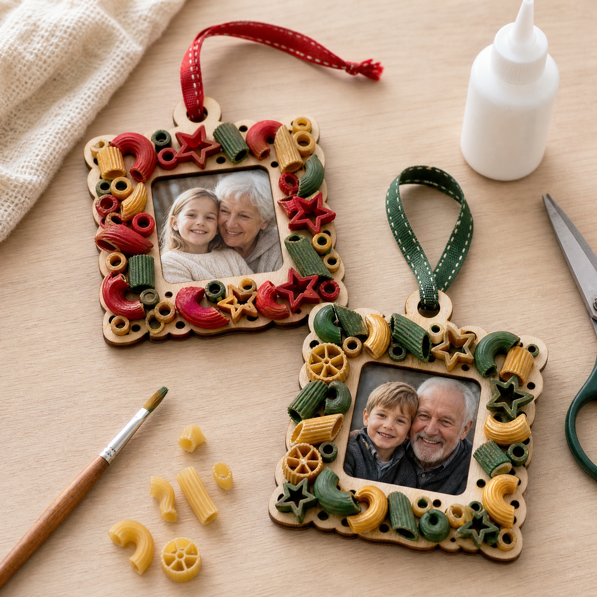 Kerstornamenten maken met pastafotolijstjes