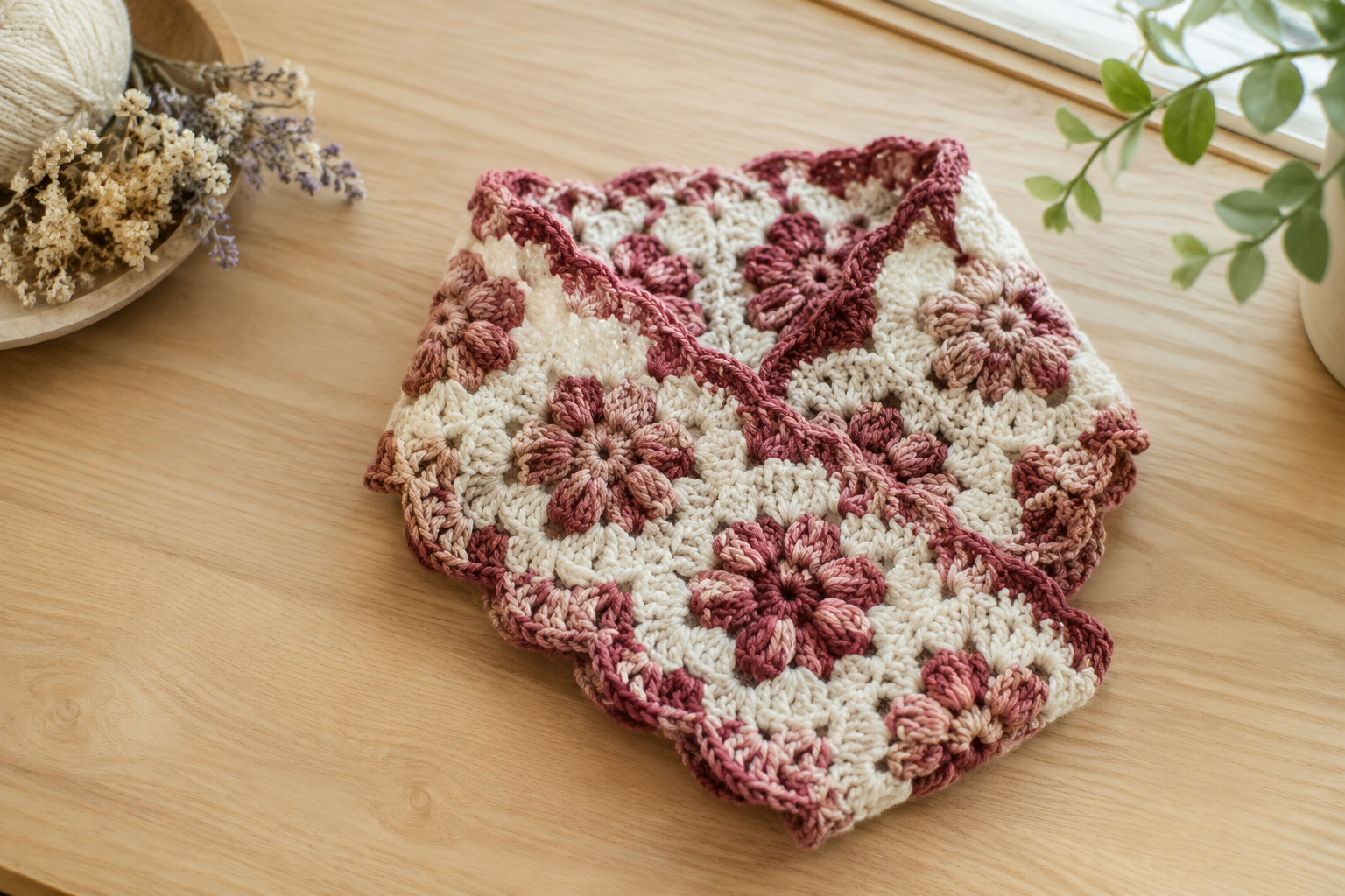 Bloemen-cowlsjaal haken: gratis patroon met twee kleuren