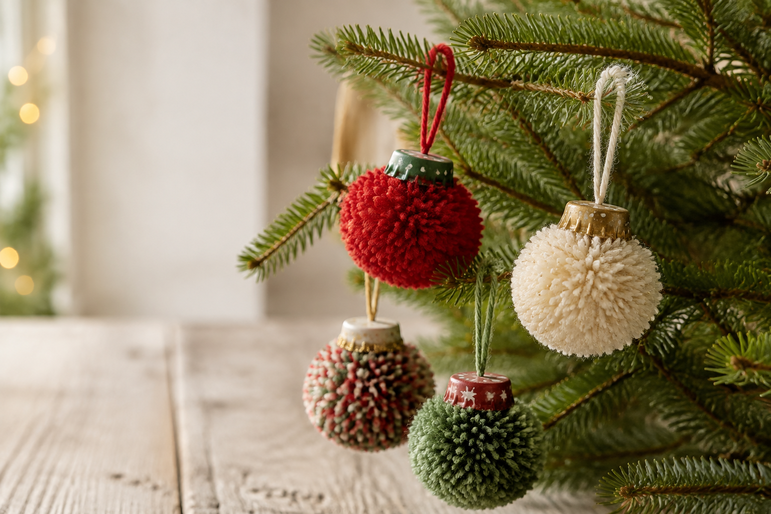Kerstballen maken van pompons en plastic doppen