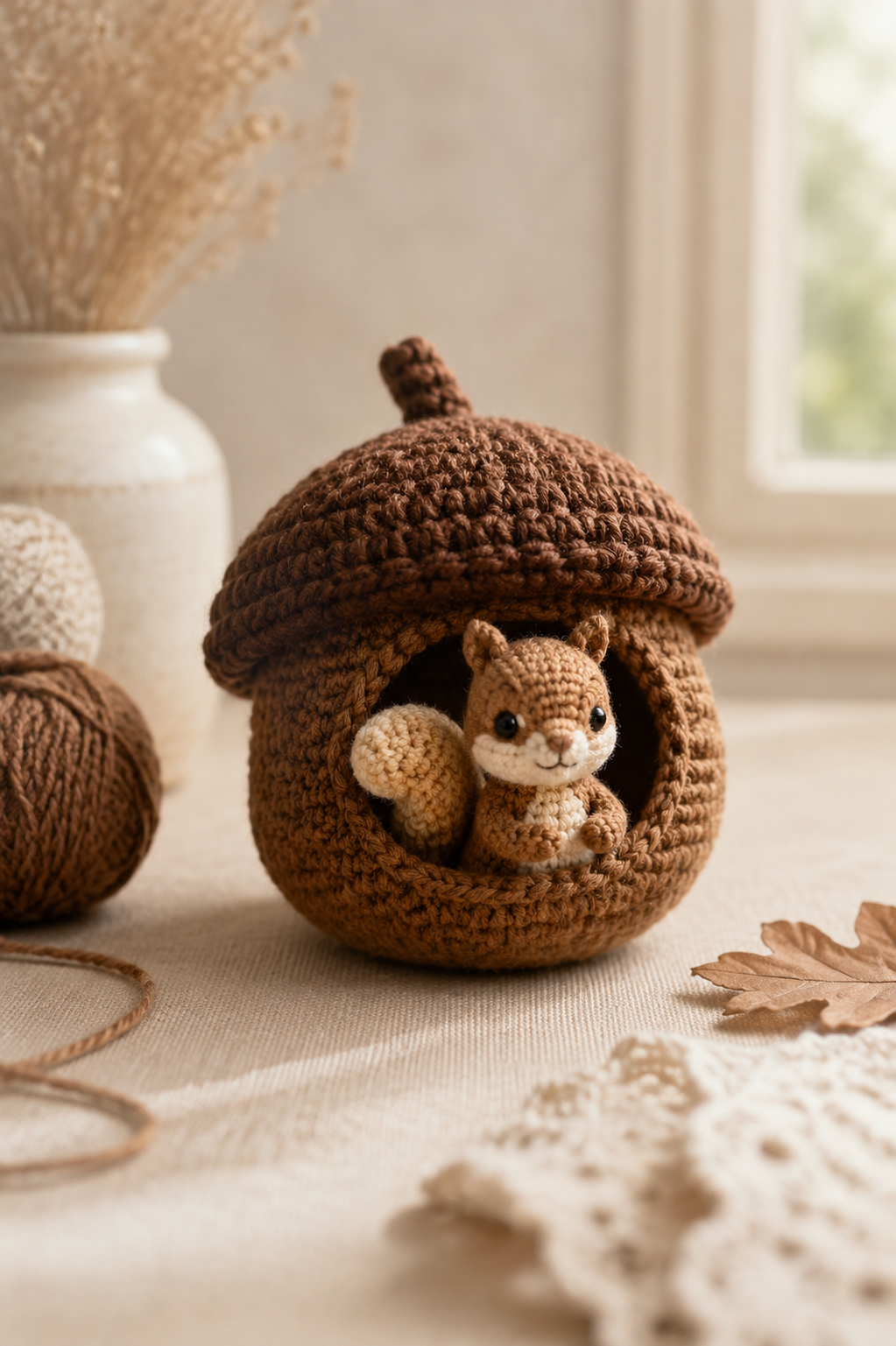 Baby-eekhoorn in een eikel haken: materialen en werkwijze