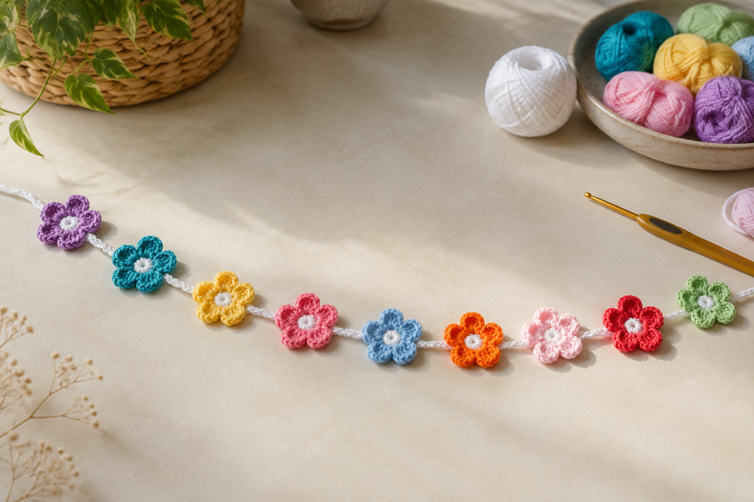 Mini-bloemenslinger haken: gratis patroon voor een vrolijke guirlande