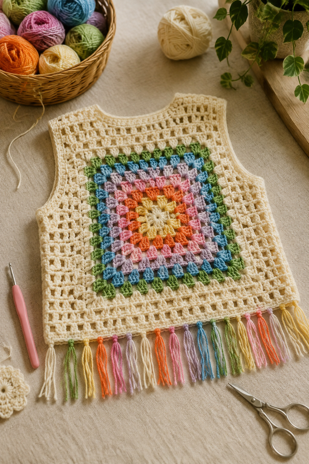 Ibiza-vestje haken met granny square en franjes