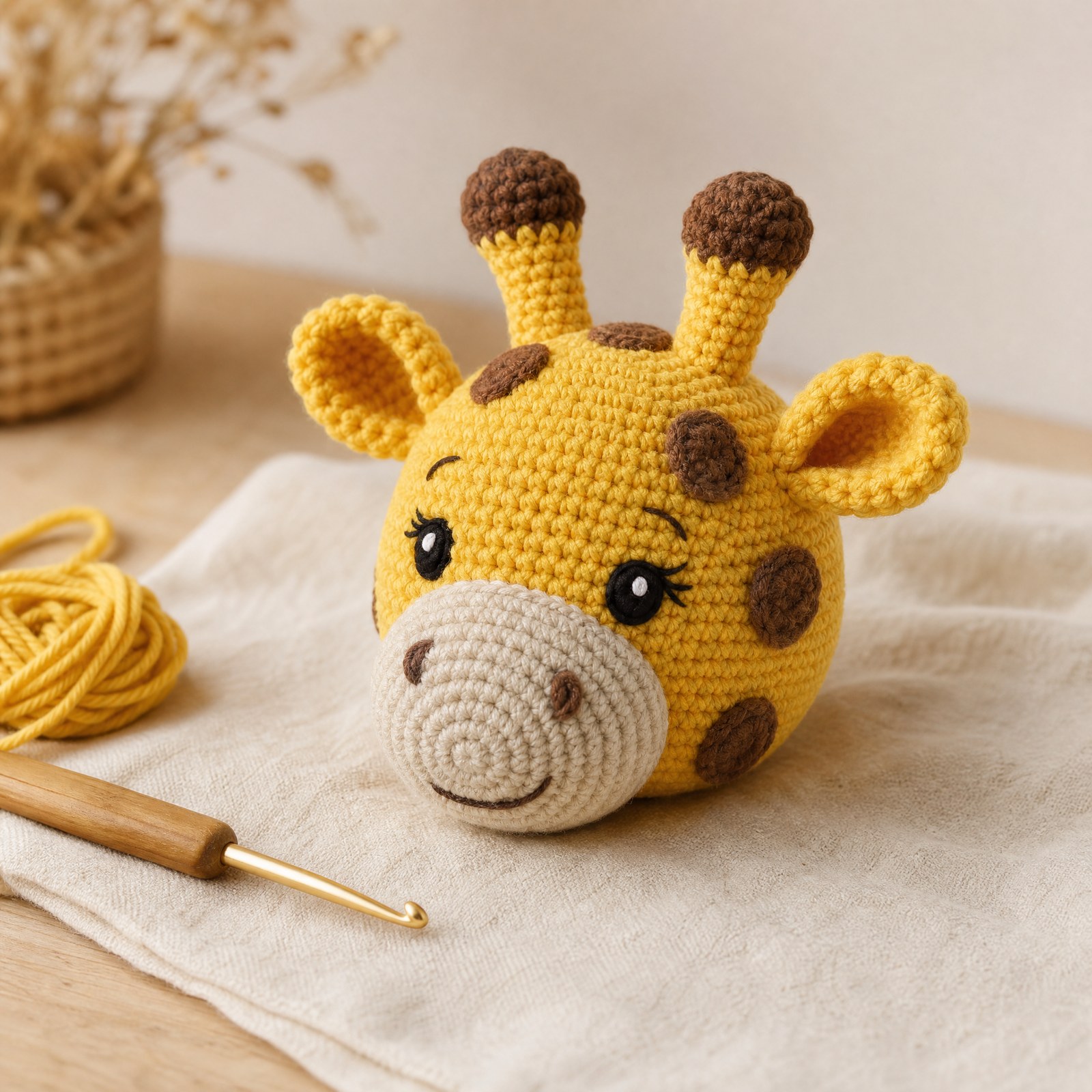 Giraffe-dierenhoofdje haken: gratis patroon voor een knuffeldoek
