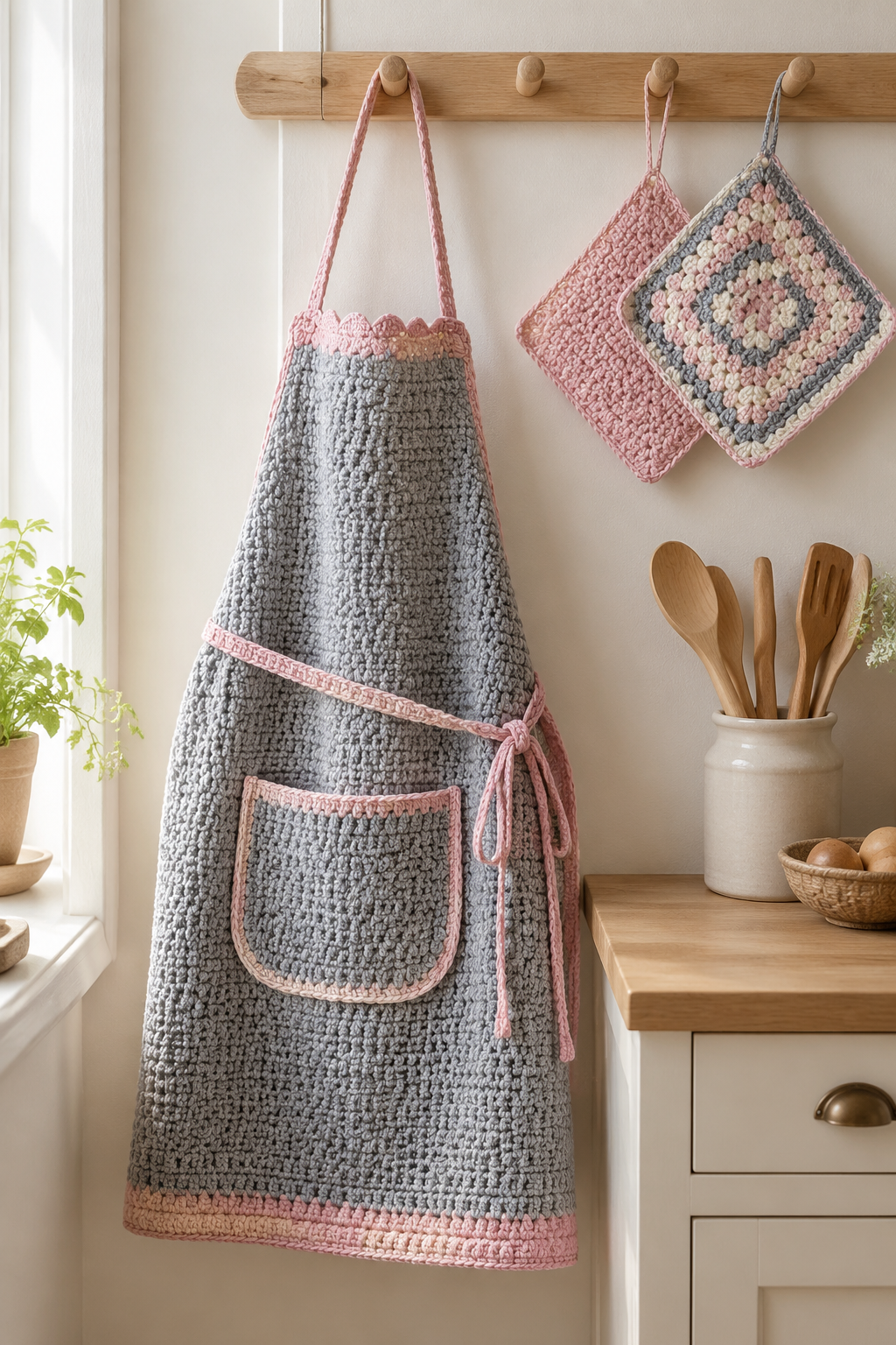 Gehaakt schortje in grijs en roze: inspiratie voor de keuken
