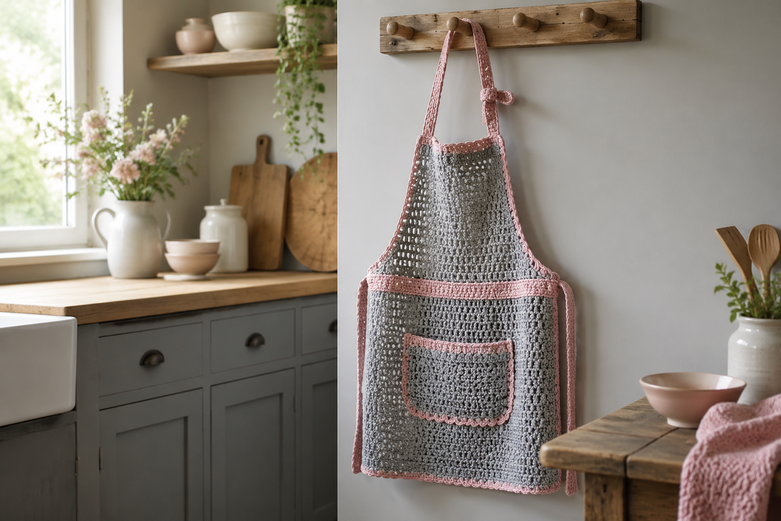 Gehaakt schortje voor de keuken: inspiratie in grijs en roze