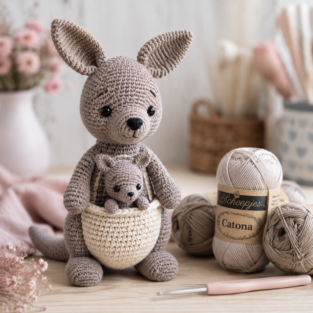 Kangoeroe Jip Haken: Amigurumi-patroon met Babykangoeroe in de Buidel